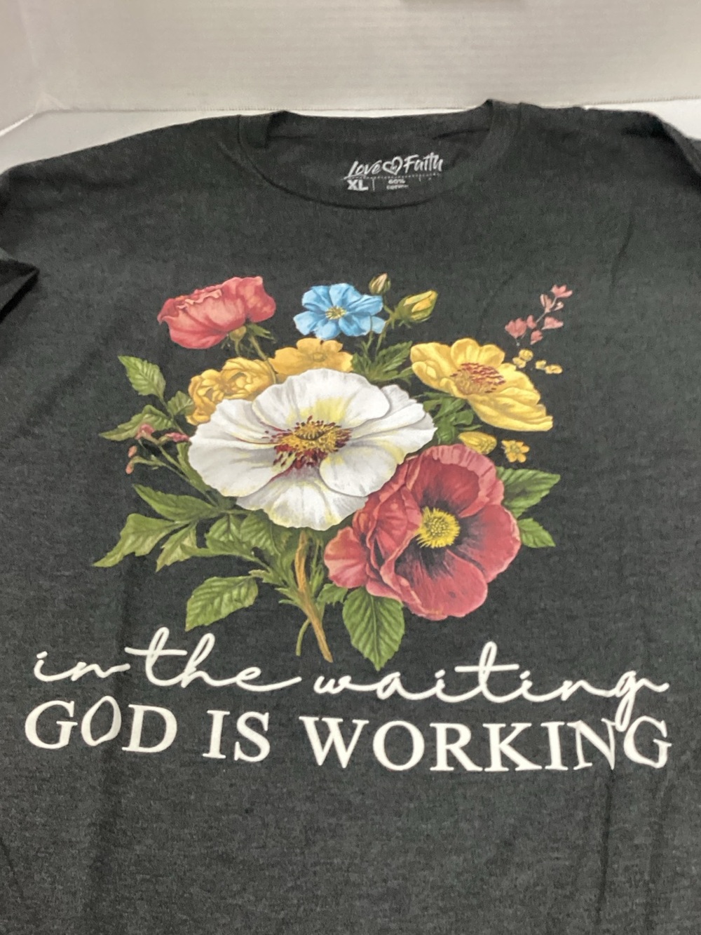 Love & Faith Charcoal Graphic Tee with Floral Print - God Is Working